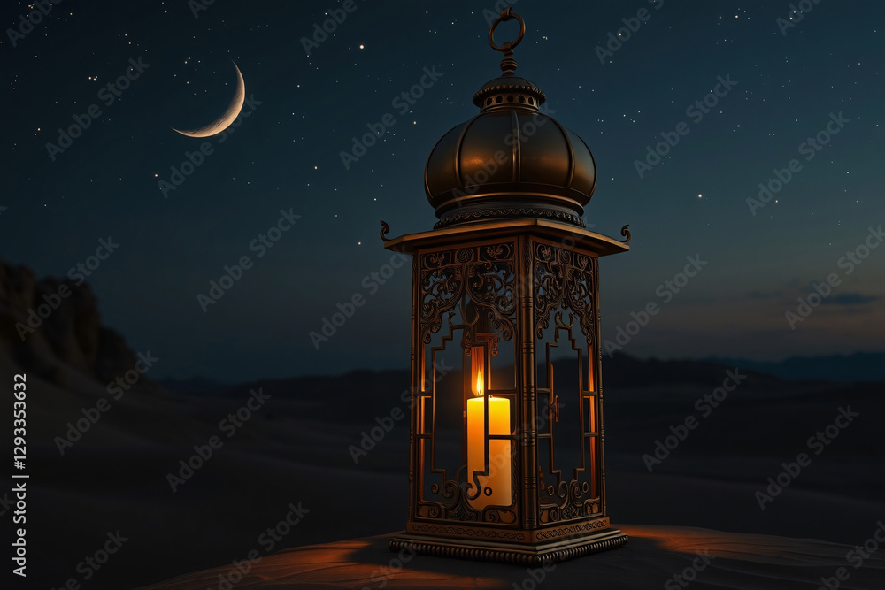 Fototapeta premium Mystical Ramadan Scene with Golden Lantern and Starry Desert Sky for Enchanting Festivities