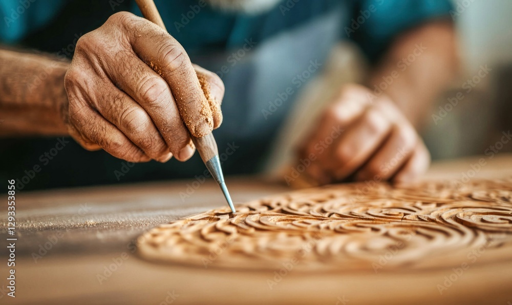 Obraz premium Close-Up of Artisan Hand-Carving Intricate Wooden Design