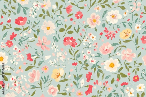 Vibrant Floral Pattern with Colorful Blooms on Light Blue Background