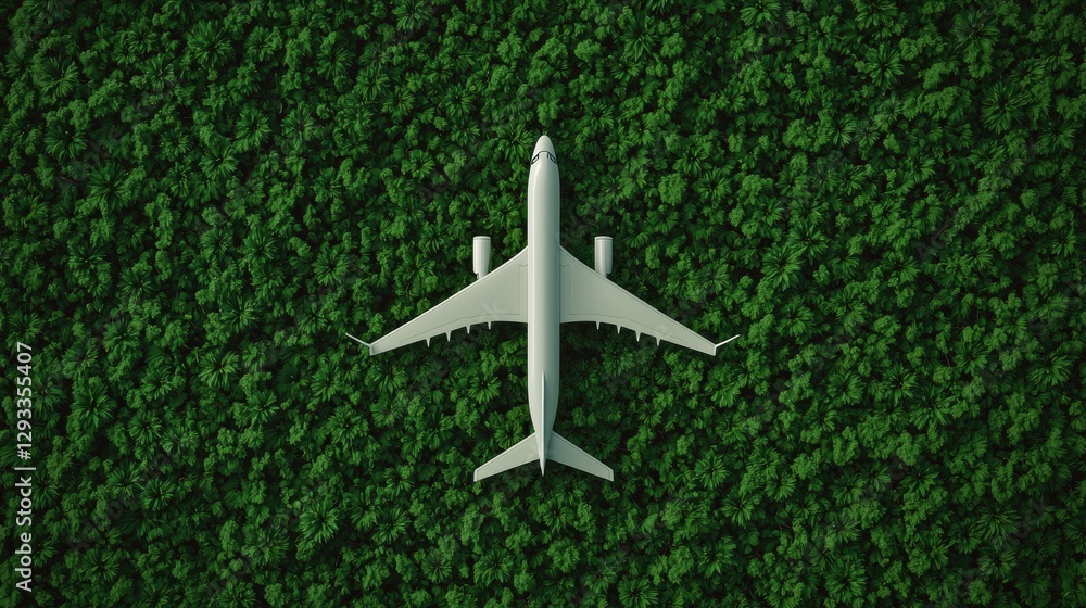 Fototapeta premium Airplane on a green forest background. Concept of green travel, sustainable aviation fuel, and environmental awareness.