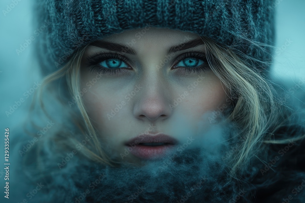 Young woman in knit hat with striking blue eyes surrounded by winter fog in a cold outdoor setting Young woman in knit hat with striking blue eyes surrounded by winter fog in a cold outdoor setting