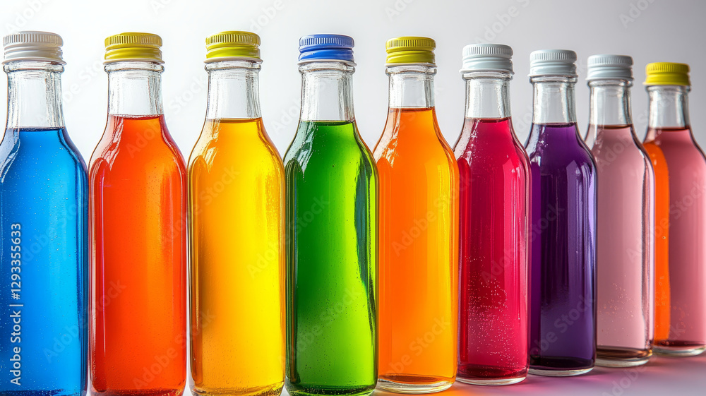 Row of colorful glass bottles filled with different liquids Row of colorful glass bottles filled with different liquids