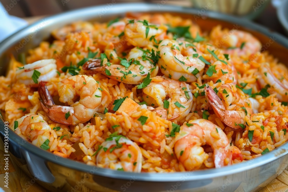 Rustic shrimp paella in clay pot on wooden table. AI image Rustic shrimp paella in clay pot on wooden table. AI image