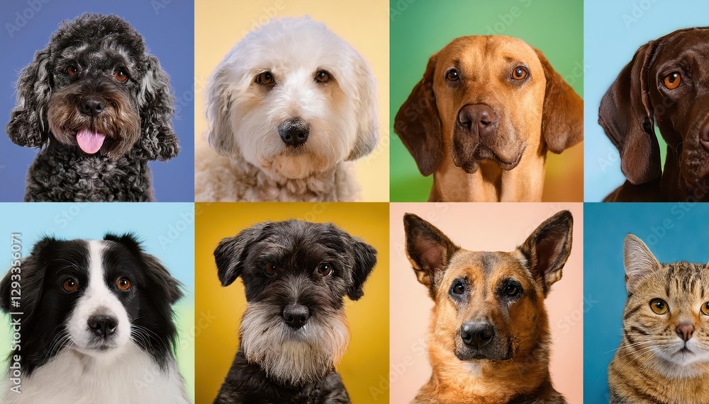 Charming Collection of Pet Portraits Cat and Dog Headshots with Vibrant Color Backgrounds, Radiating Playful Energy and Adorable Affection. Charming Collection of Pet Portraits Cat and Dog Headshots with Vibrant Color Backgrounds, Radiating Playful Energy and Adorable Affection.