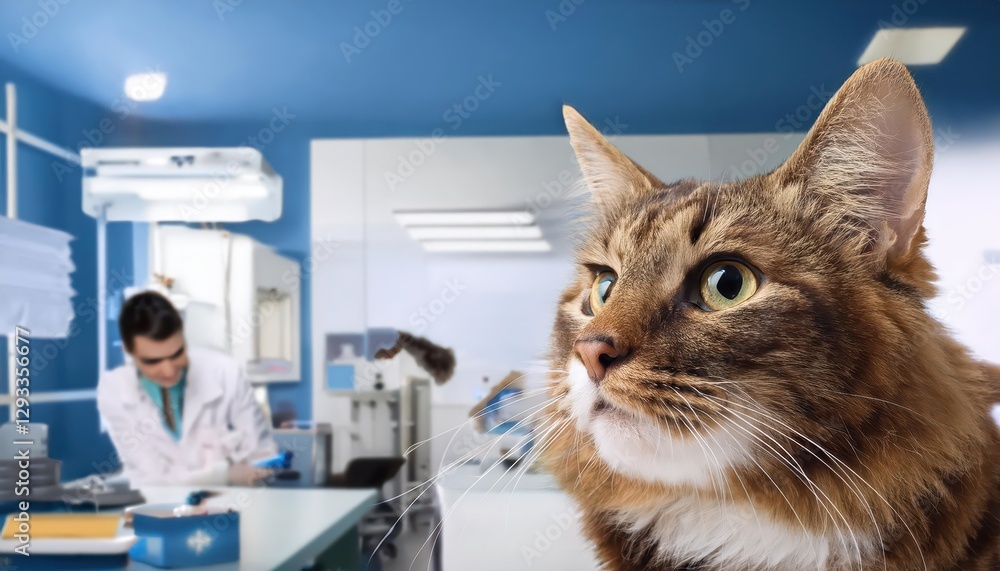 Cat Visiting Vet Clinic, Stressed yet Comforted Amidst Calming Pastel Interiors and Caring Staff, Captured in a Moment of Compassionate Care. Cat Visiting Vet Clinic, Stressed yet Comforted Amidst Calming Pastel Interiors and Caring Staff, Captured in a Moment of Compassionate Care.