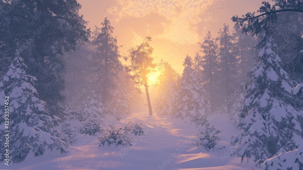 Sunlit path through a snowy, misty winter forest at sunset. Sunlit path through a snowy, misty winter forest at sunset.