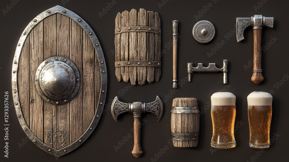 Fototapeta premium Viking game shield and fantasy rpg ui icon vector. Magic medieval weapon set for war. Ancient app interface design with stone and wood props asset illustration. Beer, horn and Thor hammer elements