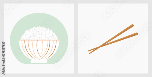 Rice bowl and chopsticks on white background vector.