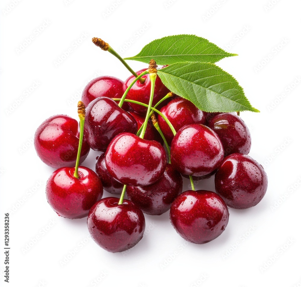 Fresh cherries displayed with vibrant green leaves on a clean white background, emphasizing their rich color and freshness Fresh cherries displayed with vibrant green leaves on a clean white background, emphasizing their rich color and freshness
