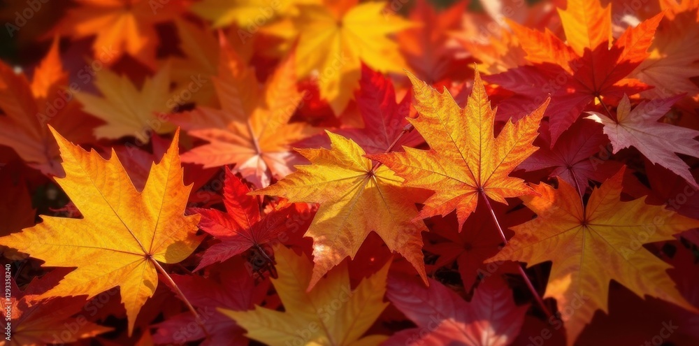Pile of vibrant maple leaves in sunlight, showing rich color variation, fall, autumn colors Pile of vibrant maple leaves in sunlight, showing rich color variation, fall, autumn colors