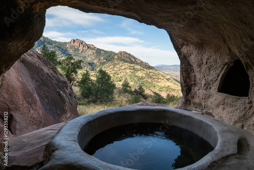 Cave with Stone Pool Overlooking Mountain Landscape in Serene Nature