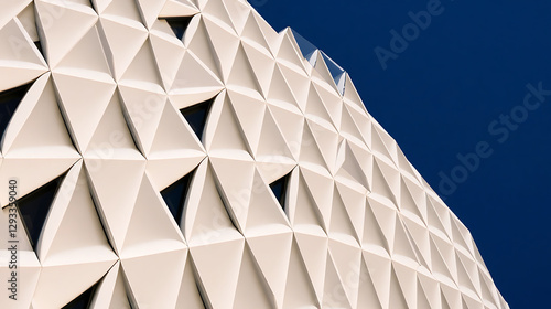 A close-up of the exterior facade of an architectural building made from white triangular elements