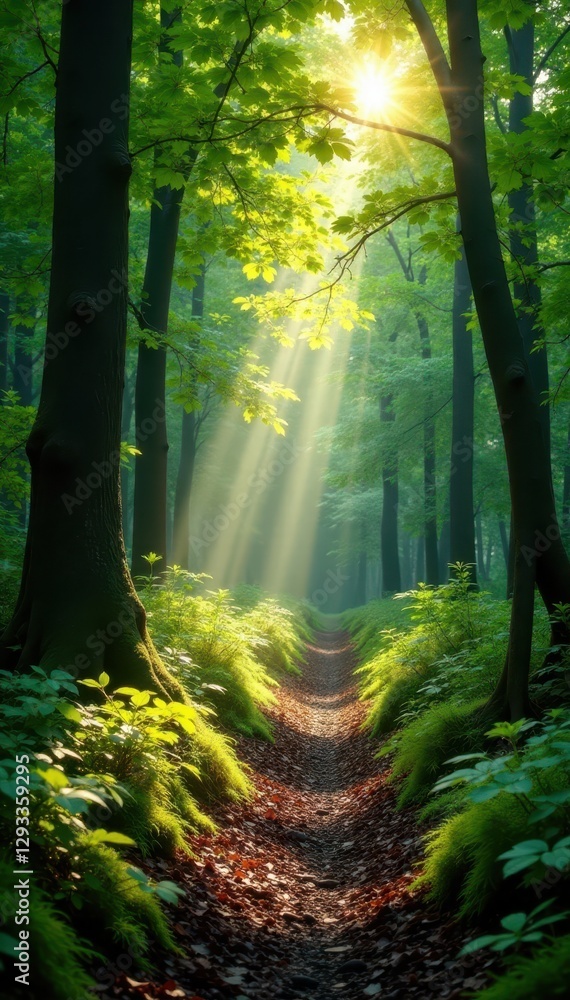 Fototapeta premium Sunlight streams through leaves, illuminating mossy forest path, landscape, leaves