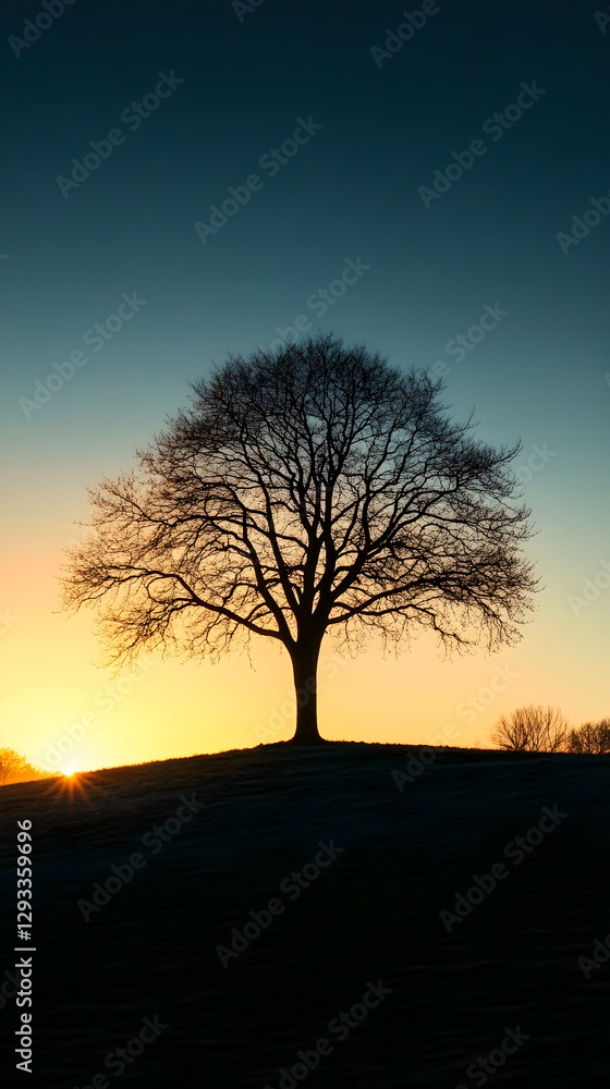 Tranquil Solitude: A Lone Tree Silhouette at Twilight with Expansive Shadows