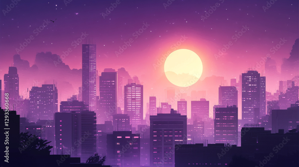 Fototapeta premium Parallax background sunset city skyline architecture near waterfront, modern megapolis with buildings skyscrapers under purple sky 2d separated layers for game animation, Cartoon vector illustration