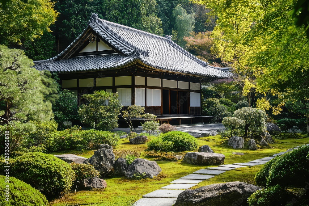 A serene Zen temple surrounded by lush greenery, featuring traditional wooden beams and a peaceful rock garden. A serene Zen temple surrounded by lush greenery, featuring traditional wooden beams and a peaceful rock garden.