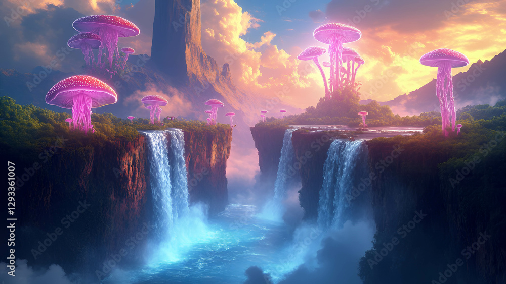 Fototapeta premium A digital painting of a dreamlike landscape with floating islands, waterfalls, and glowing mystical creatures