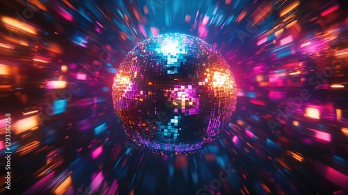 A dazzling disco ball spins energetically at center stage, casting vivid rainbow hues and shimmering patterns across an electrifying dance floor. Its intricate facets capture light, creating a mesmeri photo