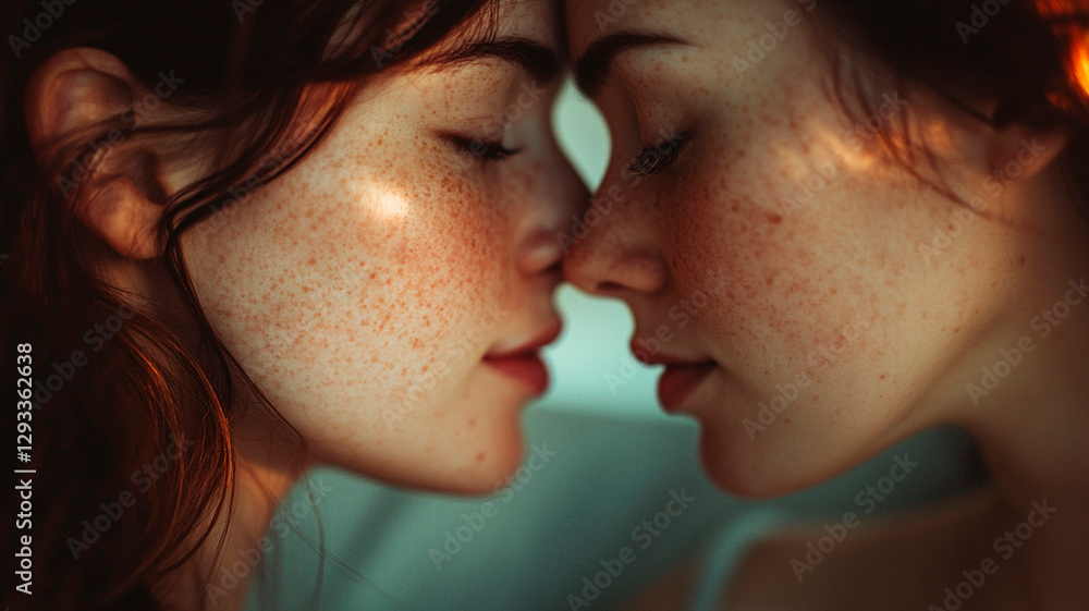 A close-up of two women, both with freckles and dark hair, kissing in the mirror, their faces lit by soft light from above.
A close-up of two women, both with freckles and dark hair, kissing in the mirror, their faces lit by soft light from above.
