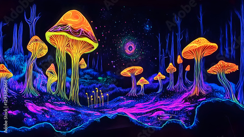 psychedelic art portal opening to another dimension, revealing a surreal cosmic dreamland filled with floating shapes 