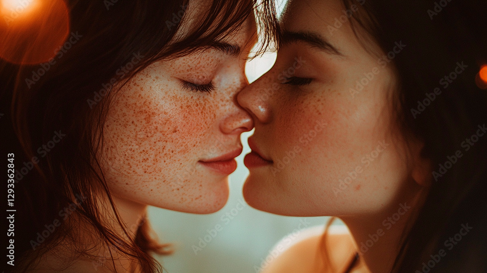 A close-up of two women, both with freckles and dark hair, kissing in the mirror, their faces lit by soft light from above.
A close-up of two women, both with freckles and dark hair, kissing in the mirror, their faces lit by soft light from above.