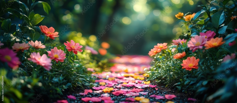 Enchanting garden path lined with colorful flowers. Enchanting garden path lined with colorful flowers.