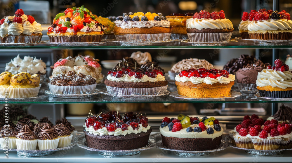 Dessert shop display with cakes and muffins. Vector cartoon illustration of shelf with chocolate pie, cheesecake, ice cream, croissant cupcakes decorated with fruit and berries, confectionery window Dessert shop display with cakes and muffins. Vector cartoon illustration of shelf with chocolate pie, cheesecake, ice cream, croissant cupcakes decorated with fruit and berries, confectionery window