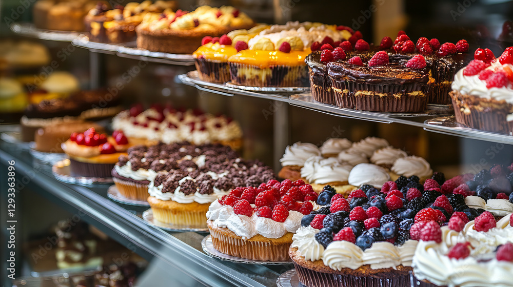 Fototapeta premium Dessert shop display with cakes and muffins. Vector cartoon illustration of shelf with chocolate pie, cheesecake, ice cream, croissant cupcakes decorated with fruit and berries, confectionery window