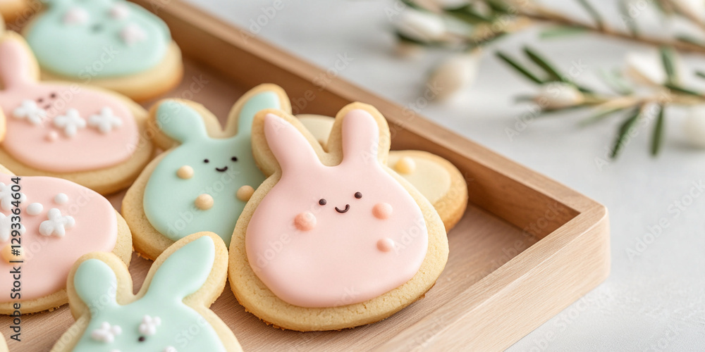 Cute bunny shaped sugar cookies in pastel colors on wooden tray, perfect for celebrations or gatherings. These delightful treats bring joy and sweetness to any occasion Cute bunny shaped sugar cookies in pastel colors on wooden tray, perfect for celebrations or gatherings. These delightful treats bring joy and sweetness to any occasion