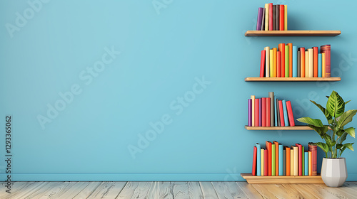 Colorful Books on Modern Wooden Shelves Against Blue Wall