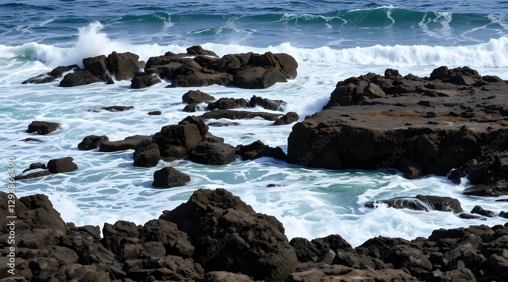 Scenic view of waves crashing against rugged rocks along a tranquil shoreline, showcasing the dynamic beauty of the ocean and its coastal landscape. Scenic view of waves crashing against rugged rocks along a tranquil shoreline, showcasing the dynamic beauty of the ocean and its coastal landscape.