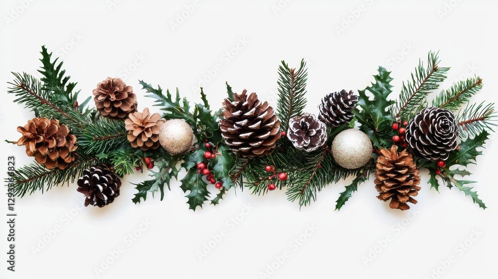 Christmas garland with pine cones, fir branches, holly and ornaments on white background. Concept of Christmas and New Year. Christmas garland with pine cones, fir branches, holly and ornaments on white background. Concept of Christmas and New Year.