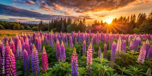 Sunset Lupine Meadow: Pink & Purple Wildflowers Blooming at Dusk in Forest