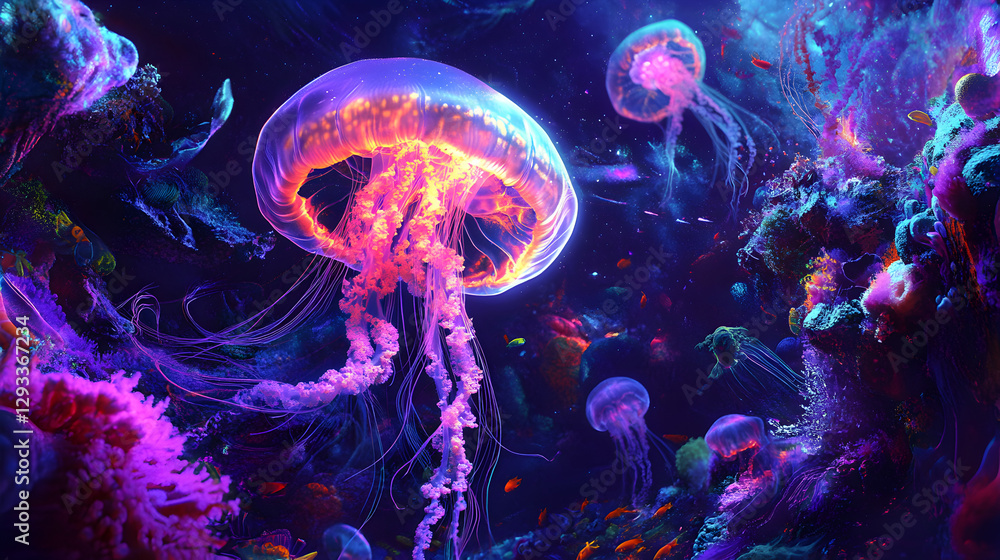 Naklejka premium psychedelic art ocean scene where waves twist into infinite patterns, and fish glow with radiant neon light