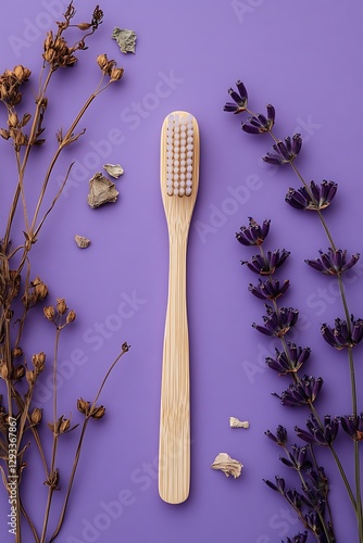 eco-friendly bamboo toothbrush and toothpaste tablets in a flower shape  
 photo