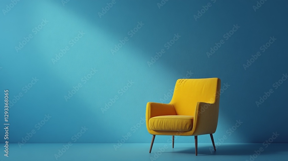 A yellow chair sits in front of a blue wall A yellow chair sits in front of a blue wall