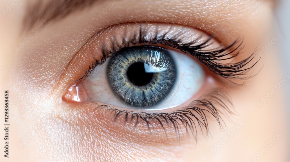 Obraz premium Close up of a beautiful blue eye with long eyelashes. Concept of beauty, vision, and health.