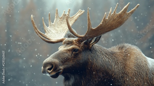 Obraz na plátne A large brown and white moose with a snow covered head