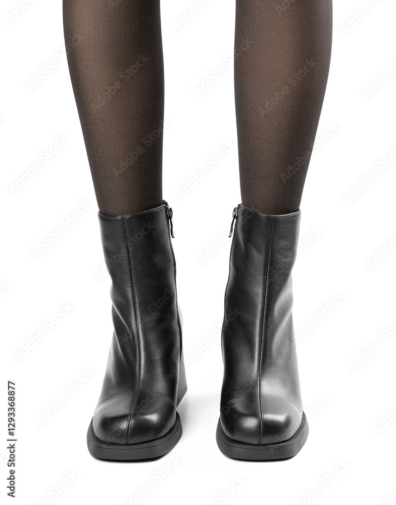 Women's shoes on a white background. Close up of a women's black leather chelsea boots on white background. Footwear for city, urban lifestyle or traveling. Concept of fashion, design and footwear. Women's shoes on a white background. Close up of a women's black leather chelsea boots on white background. Footwear for city, urban lifestyle or traveling. Concept of fashion, design and footwear.