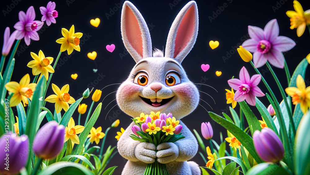 Fototapeta premium adorable happy bunny holding a bouquet of pastel spring flowers, a delightful choice for easter designs, birthday cards, and cute children's illustrations