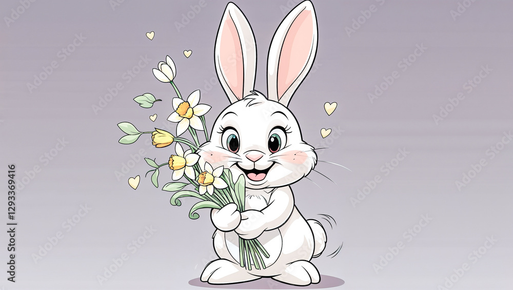 Fototapeta premium adorable illustrated bunny with a happy expression holding a bouquet of colorful spring flowers, ideal for easter, birthday cards, and cheerful children's designs