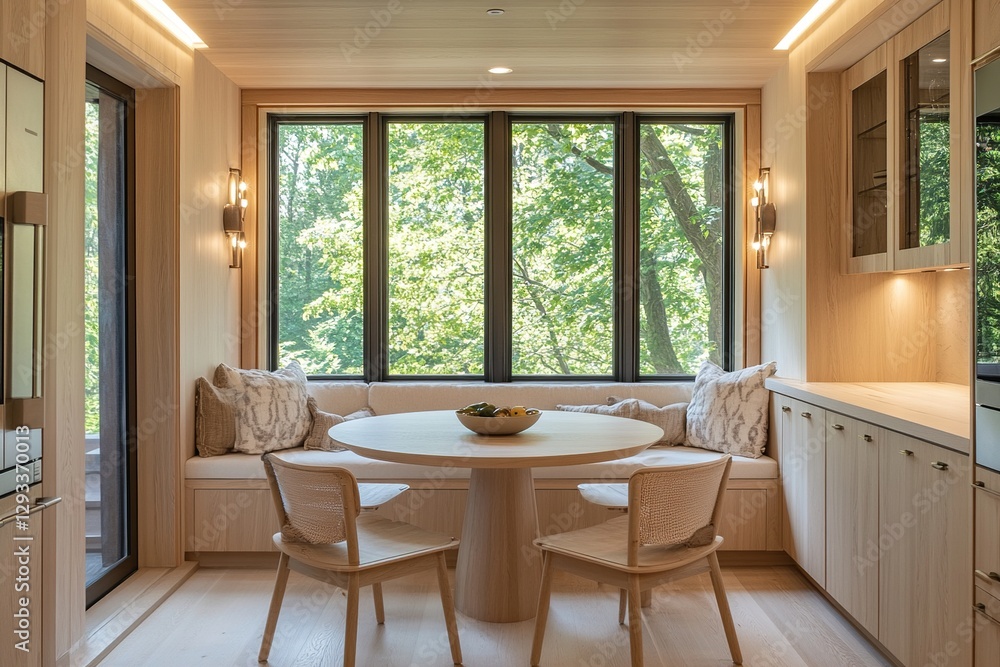 Fototapeta premium Modern Kitchen Nook Design: Wooden Table and Chairs near Window with Tree View