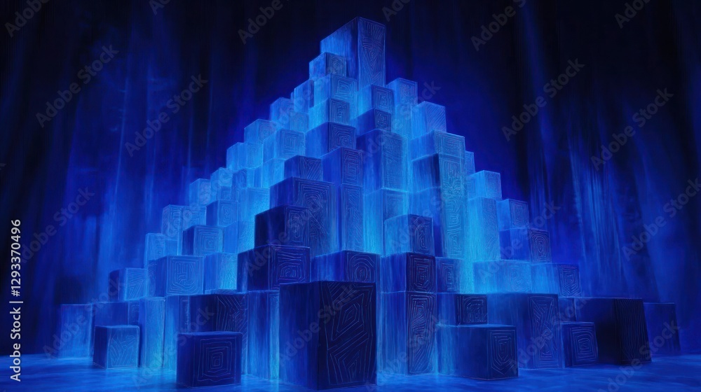 Glowing Blue Cube Pyramid, Dark Studio Glowing Blue Cube Pyramid, Dark Studio