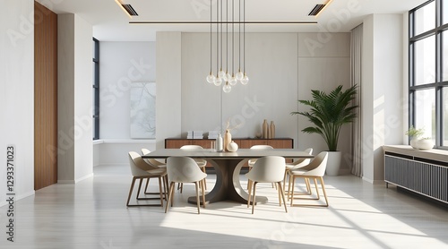 A modern and elegant dining room showcasing a spacious layout with a wooden table and stylish chairs, enhanced by natural light streaming through large windows, complemented by contemporary decor and 
