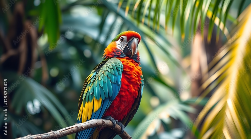 Obraz premium A colorful parrot perched on a branch amidst lush foliage, showcasing its vibrant plumage in a tropical rainforest, capturing the beauty of wildlife in its natural habitat. 