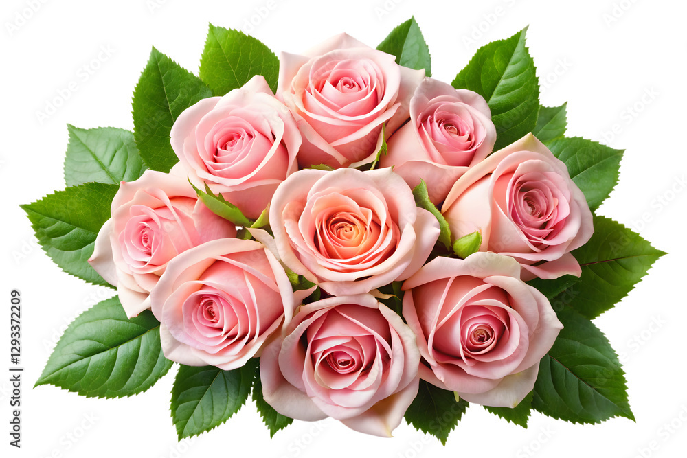 Pink Rose Bouquet: A charming arrangement of eight delicate pink roses, their velvety petals softly unfurling, nestled amongst lush green leaves. Perfect for adding a touch of elegance and romance. Pink Rose Bouquet: A charming arrangement of eight delicate pink roses, their velvety petals softly unfurling, nestled amongst lush green leaves. Perfect for adding a touch of elegance and romance.