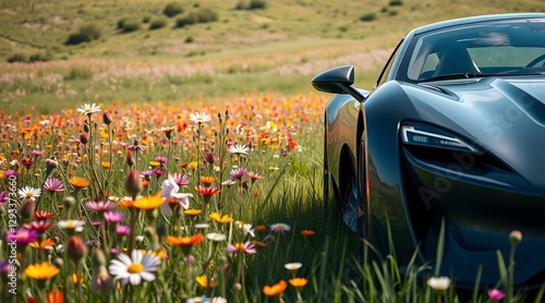 A sleek sports car nestled in a vibrant meadow filled with colorful wildflowers, showcasing a striking contrast between luxury automotive design and the beauty of nature in a serene outdoor setting.  