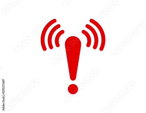 A bold red alert symbol featuring an exclamation mark and signal waves, signaling urgency.