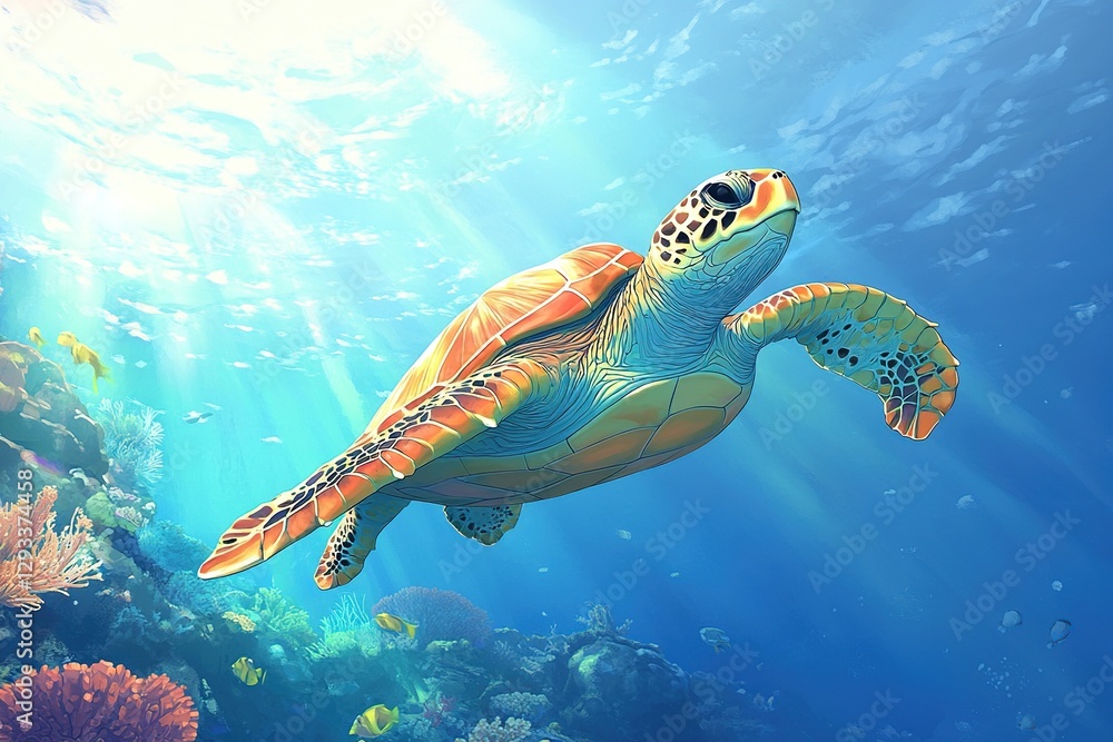 Obraz premium Sea Turtle Swimming in Vibrant Coral Reef Underwater