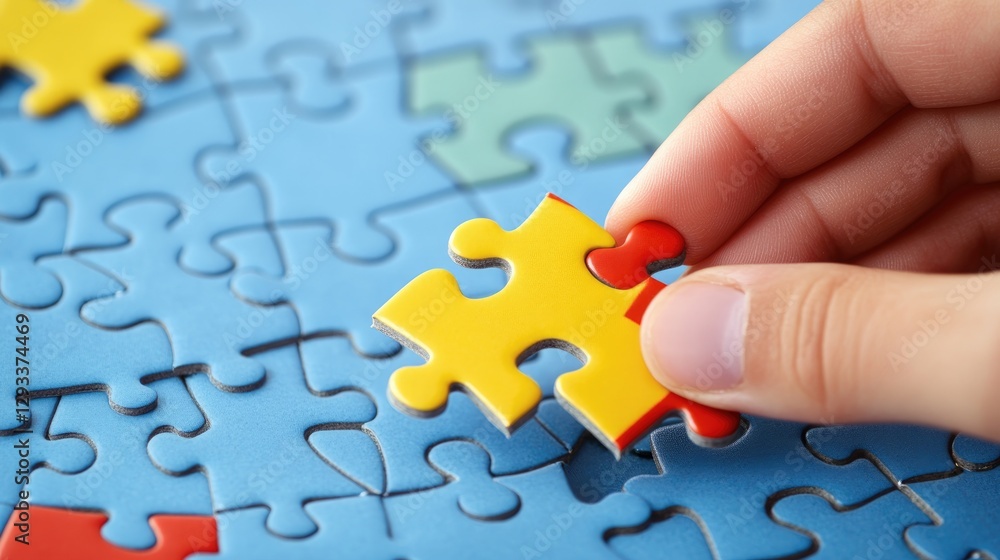 Fototapeta premium Solving a Jigsaw Puzzle, A Close-Up View of Hand Placing a Yellow Piece